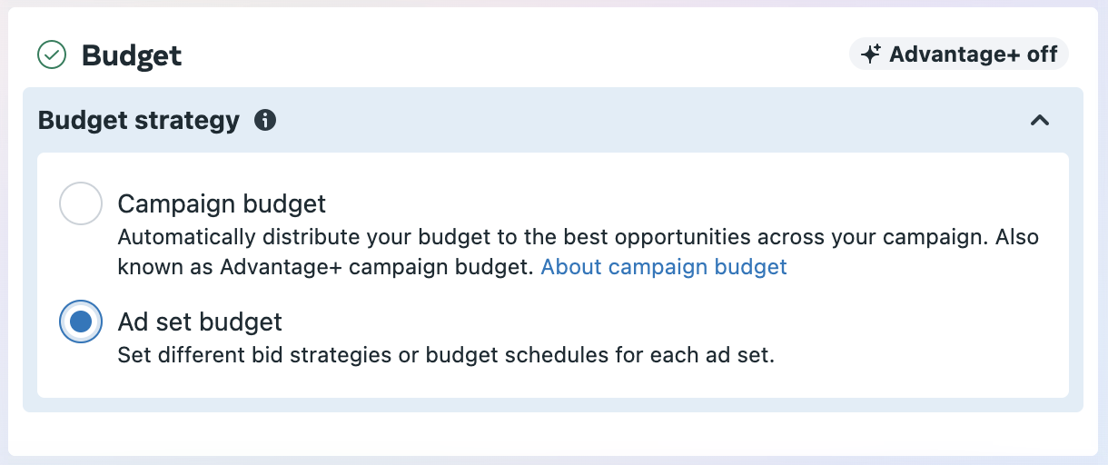 Meta Advantage vs Manual campaigns - Advantage campaign budget turned off