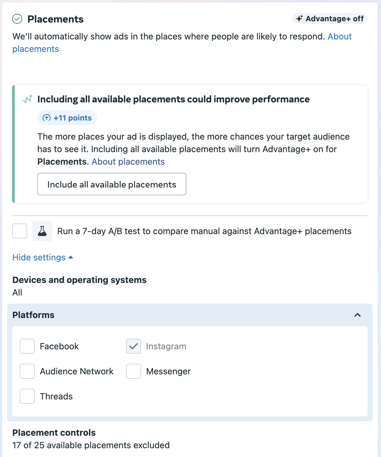Selecting Meta placements manually - Instagram only