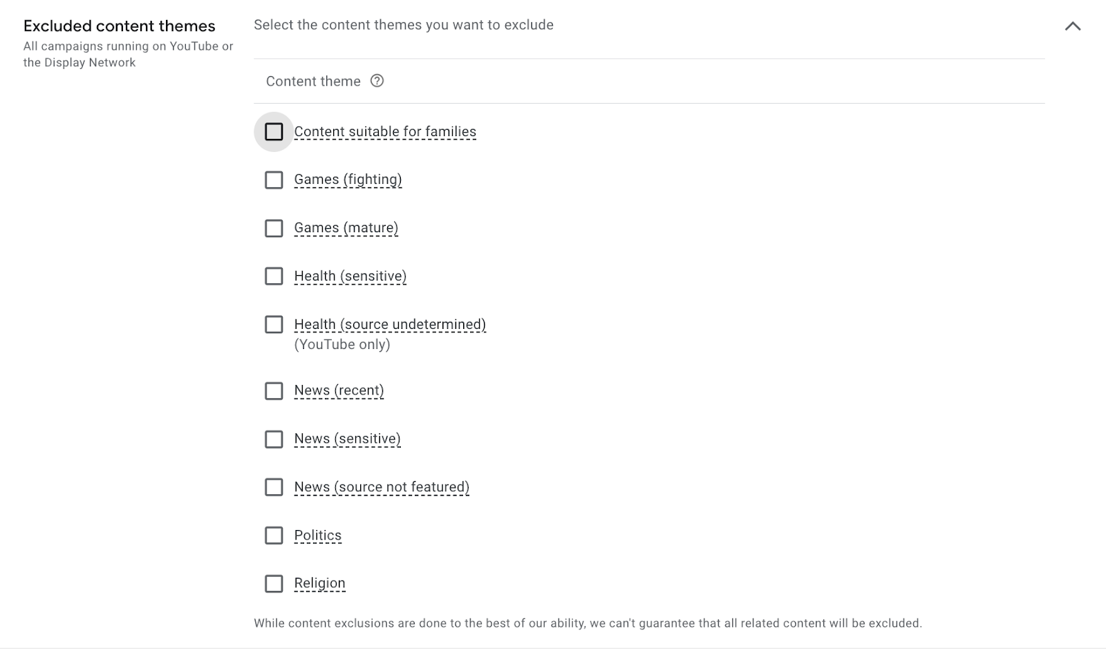 Content theme exclusions applicable for YouTube or Display Network