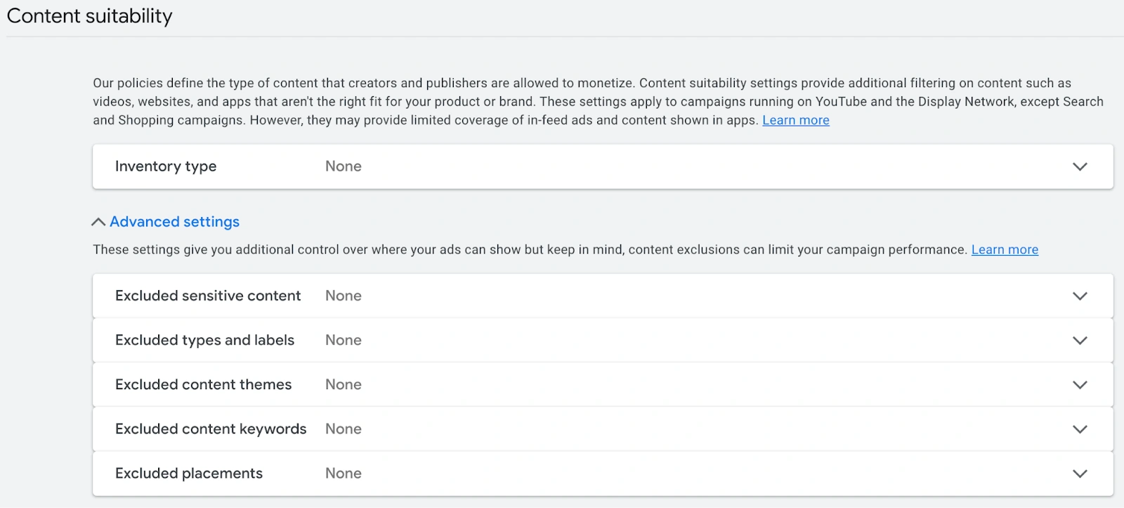 YouTube and Google ads content suitability and inventory types