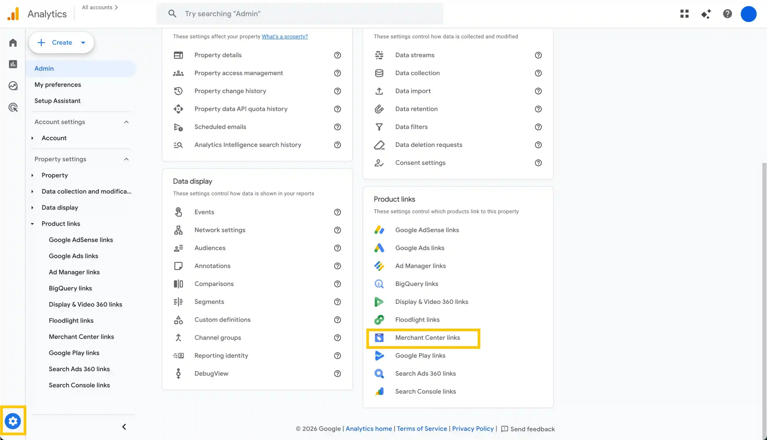 (1) link Google Merchant Center to Google Analytics - admin settings