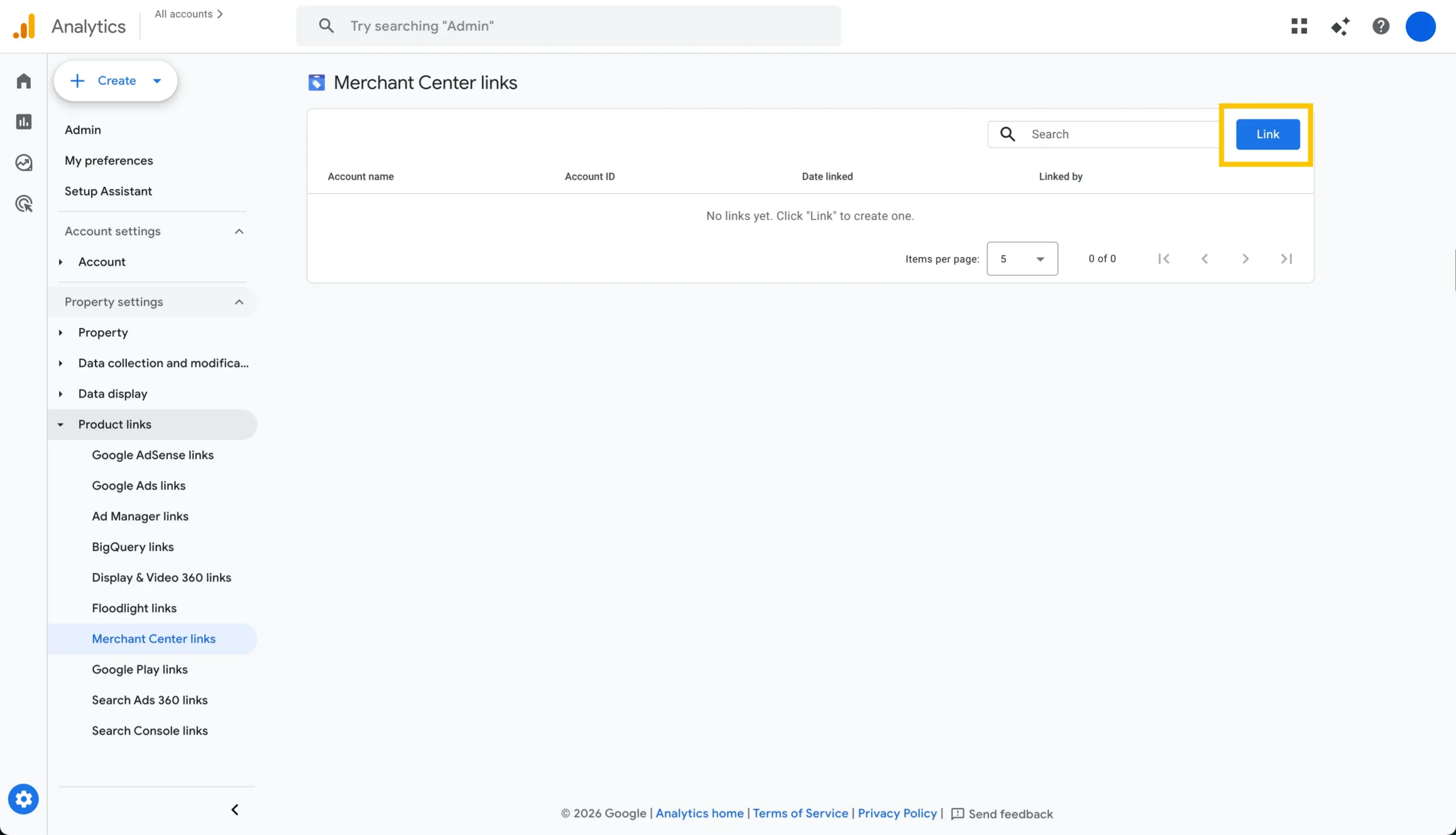 (2) link Google Merchant Center to Google Analytics - Merchant Center links
