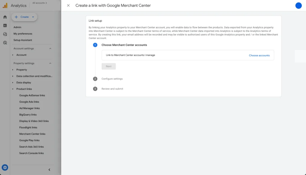 (3) Create a Google Merchant Center and GA4 link