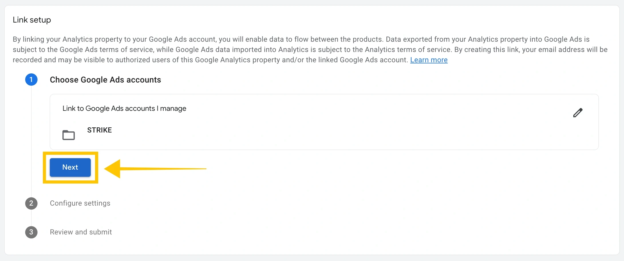 4 - Google Analytics and Google Ads audiences - Link setup - Next