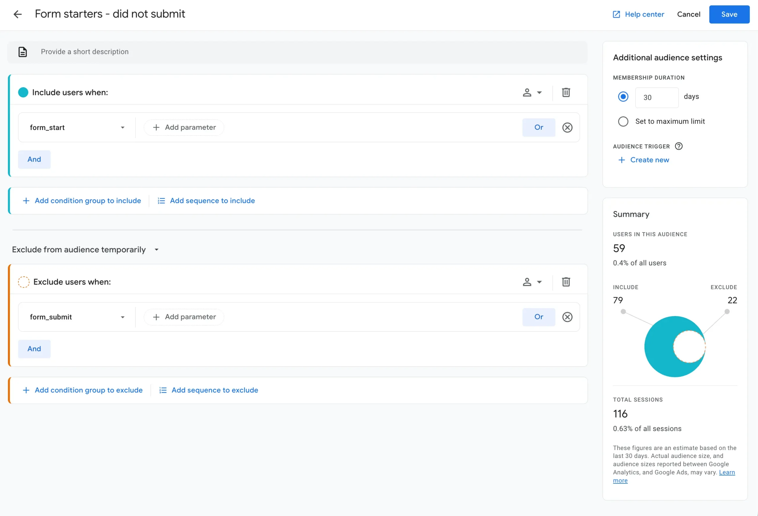 create custom GA4 audiences - select parameters to exclude