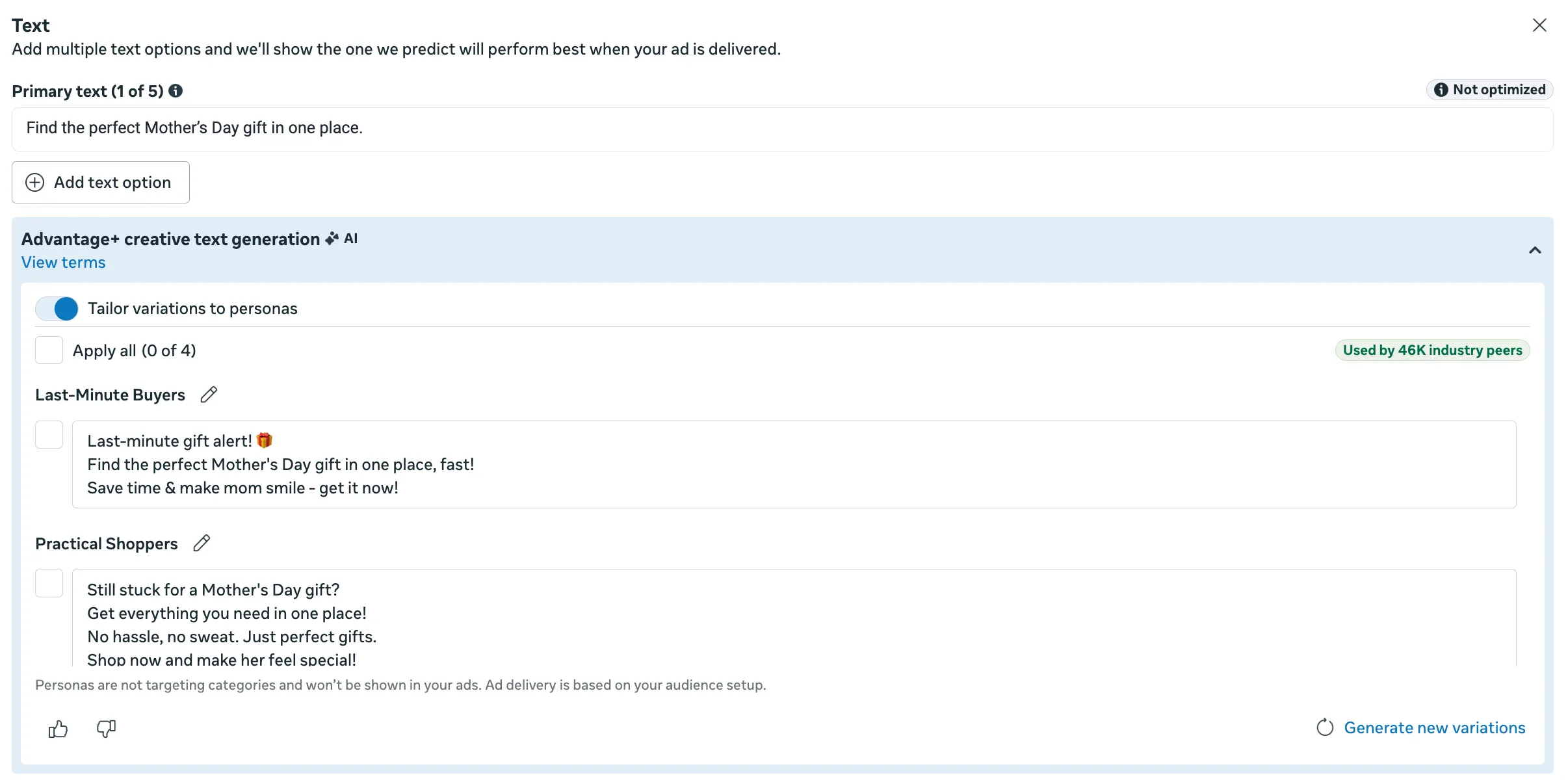 Meta Advantage creative text generation - Mother's Day advertising for gift ideas